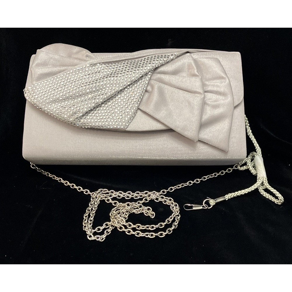 VTG Silver Rhinestone Crystal Bow Crossbody Silk Clutch Purse Jessica McClintock